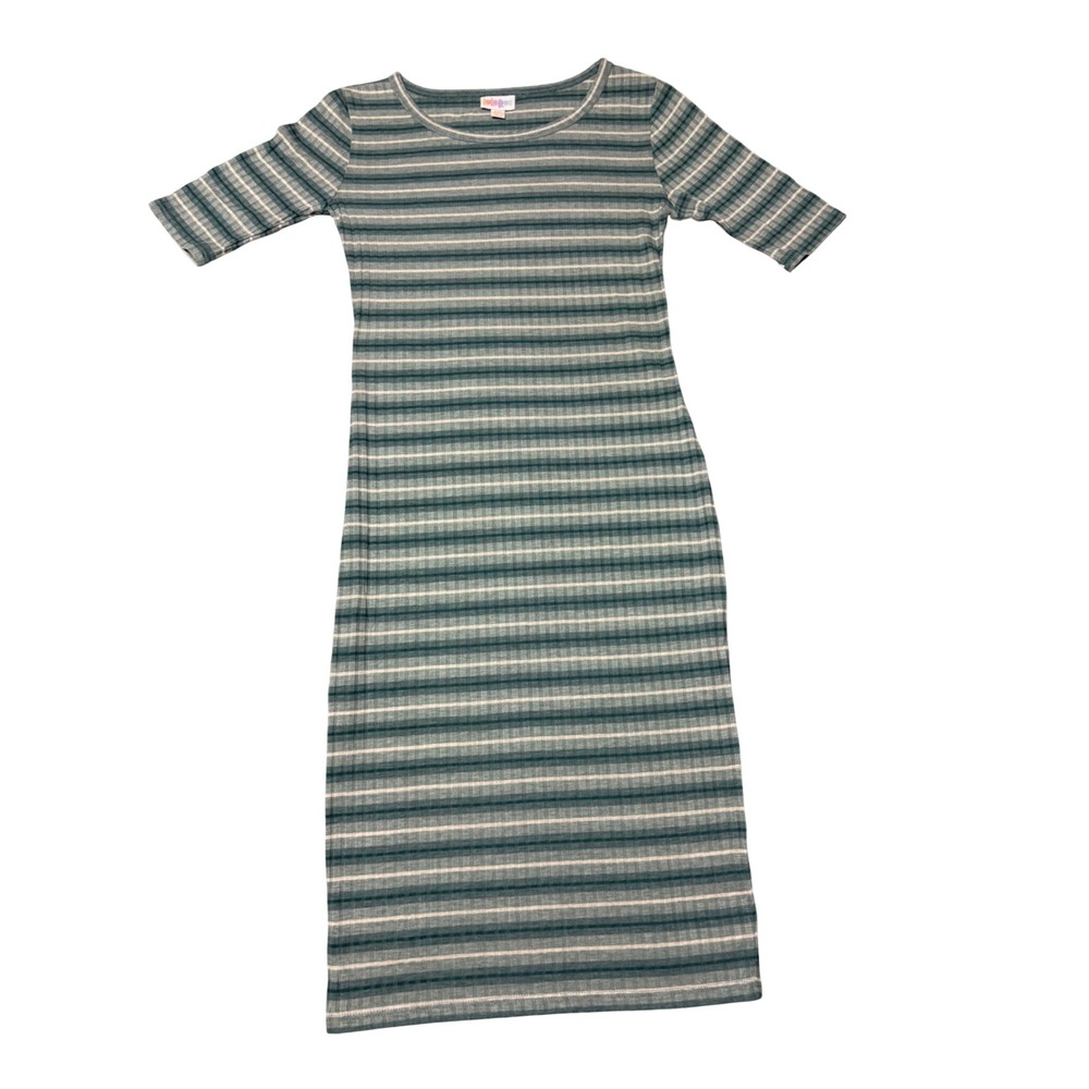 LuLaRoe Julia Dress XXS Green White Striped Ribbed Knit Elbow Sleeve Bodycon NWT